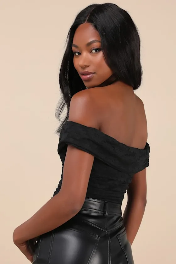 Sultry Whimsy Black Lace Off-the-Shoulder Bodysuit sold by Lulus product image thumbnail 2