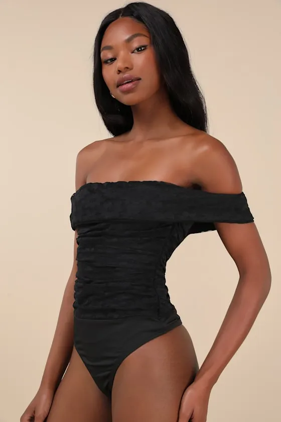 Sultry Whimsy Black Lace Off-the-Shoulder Bodysuit sold by Lulus product image thumbnail 4