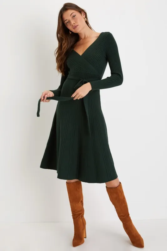 Warm Emotions Emerald Green Skater Midi Sweater Dress sold by Lulus