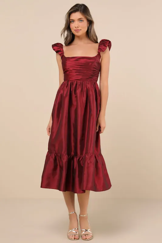 Poised Passion Wine Red Taffeta Pleated Ruffled Midi Dress sold by Lulus