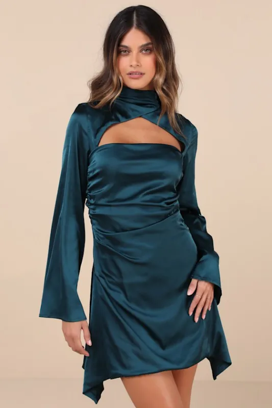 Sultry Elevation Dark Teal Satin Long Sleeve Cutout Mini Dress sold by Lulus