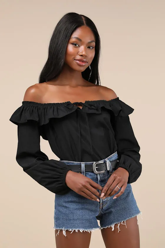 Dreamy Perception Black Ruffled Long Sleeve Off-the-Shoulder Top sold by Lulus