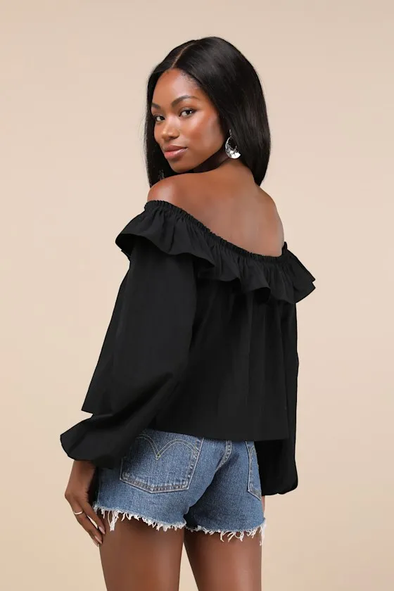 Dreamy Perception Black Ruffled Long Sleeve Off-the-Shoulder Top sold by Lulus product image thumbnail 2