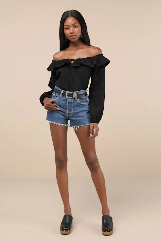 Dreamy Perception Black Ruffled Long Sleeve Off-the-Shoulder Top sold by Lulus product image thumbnail 3