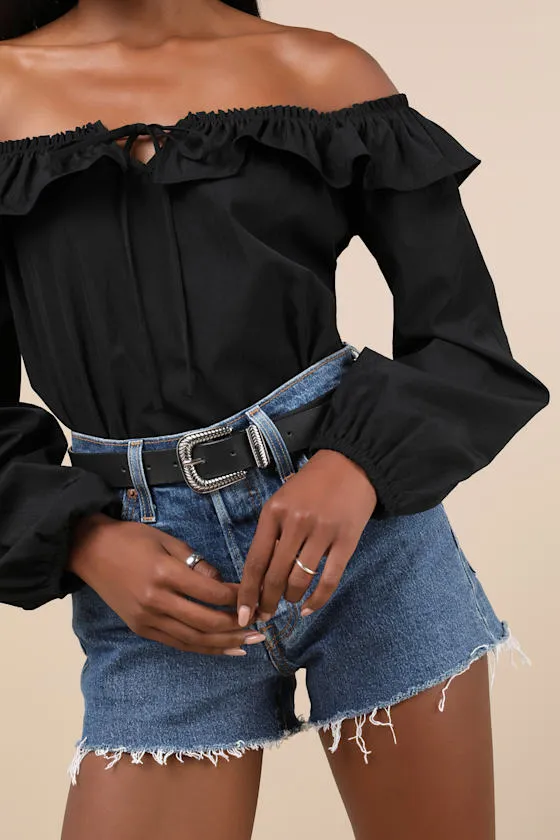 Dreamy Perception Black Ruffled Long Sleeve Off-the-Shoulder Top sold by Lulus product image thumbnail 4