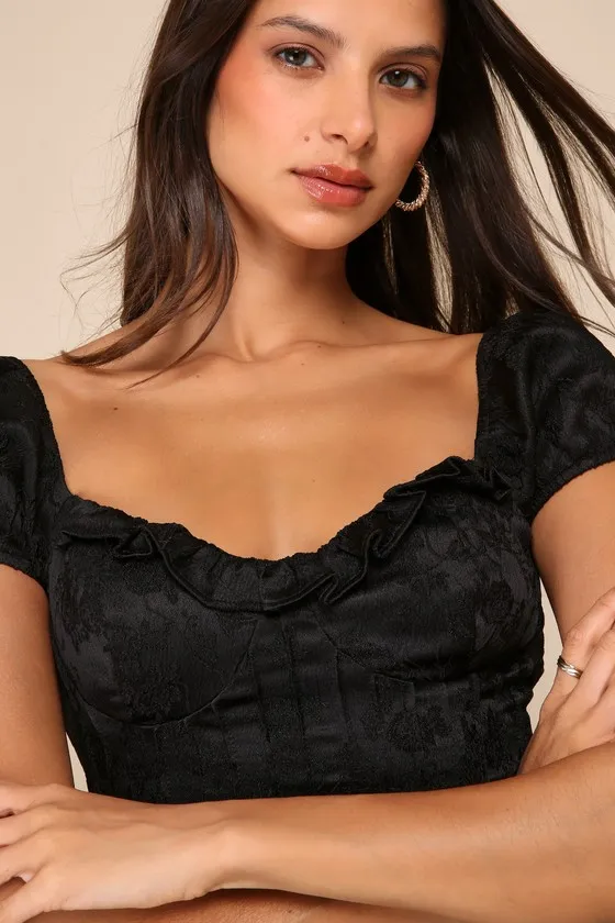 Sweet Poise Black Floral Jacquard Lace-Up Puff Sleeve Top sold by Lulus product image thumbnail 4