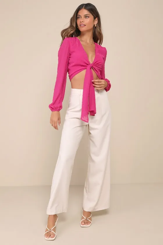 Distinctly Perfect Fuchsia Clip Dot Tie-Front Balloon Sleeve Top sold by Lulus product image thumbnail 3