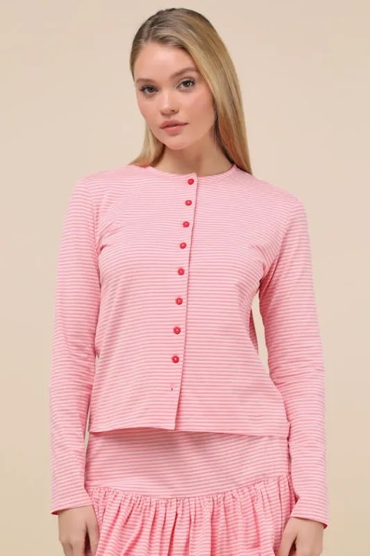 Polly Pink Striped Button-Front Cardigan Sweater sold by Lulus