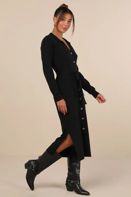 Charming Comfort Black Collared Button-Up Sweater Dress sold by Lulus