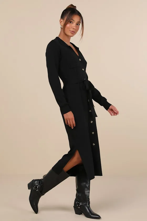 Charming Comfort Black Collared Button-Up Sweater Dress sold by Lulus