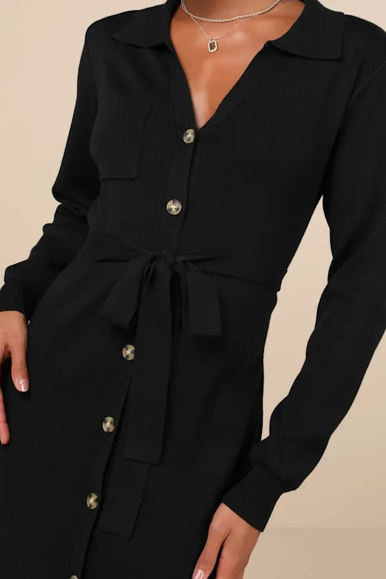 Charming Comfort Black Collared Button-Up Sweater Dress sold by Lulus product image thumbnail 3