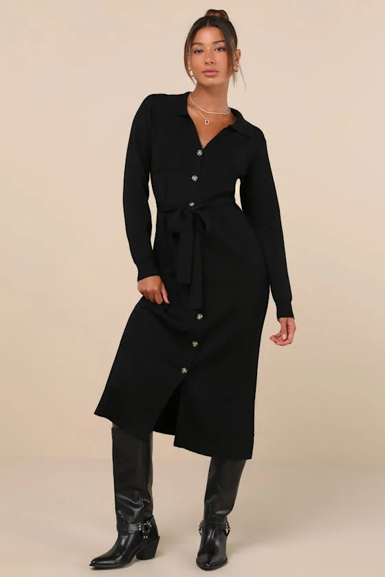 Charming Comfort Black Collared Button-Up Sweater Dress sold by Lulus product image thumbnail 4