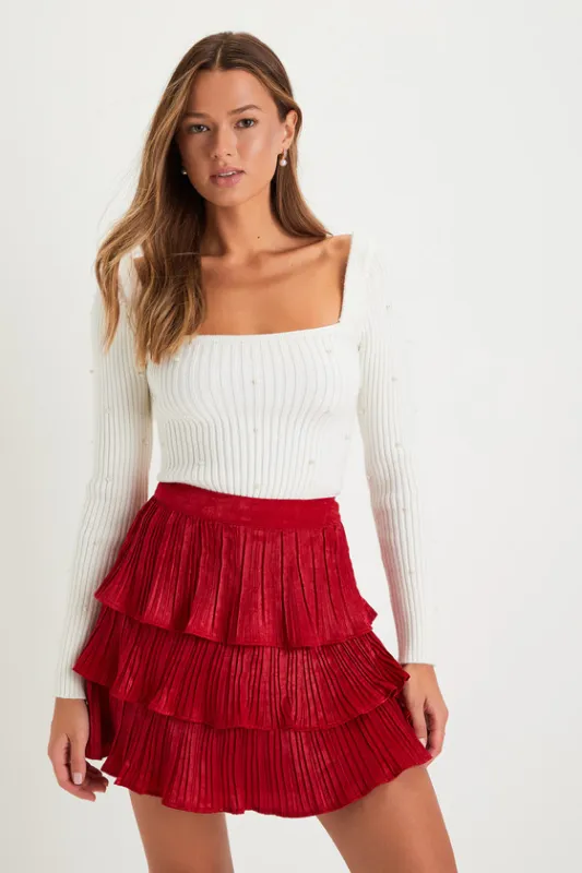 Treasured Sweetie Red Satin Plisse Tiered Mini Skirt made by Lulus