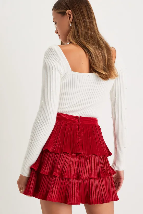Treasured Sweetie Red Satin Plisse Tiered Mini Skirt sold by Lulus product image thumbnail 2
