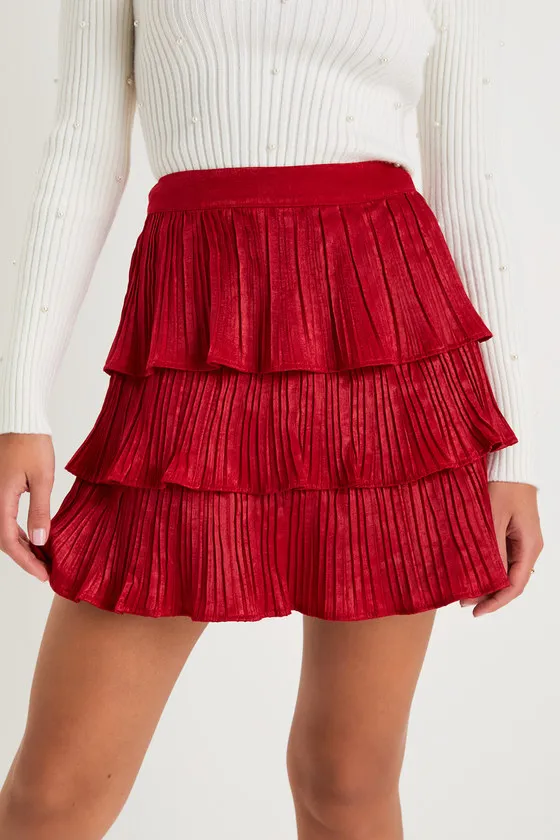 Treasured Sweetie Red Satin Plisse Tiered Mini Skirt sold by Lulus product image thumbnail 4