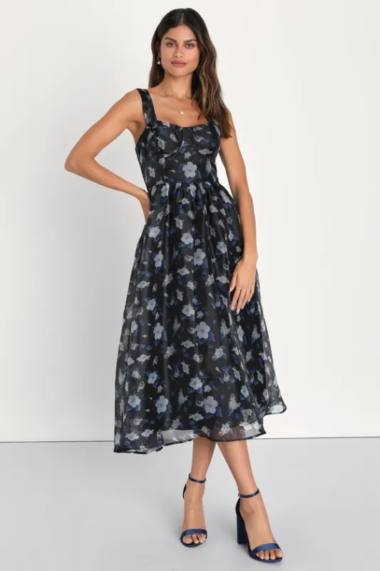 Delightful Look Black Floral Print Bustier Midi Skater Dress sold by Lulus