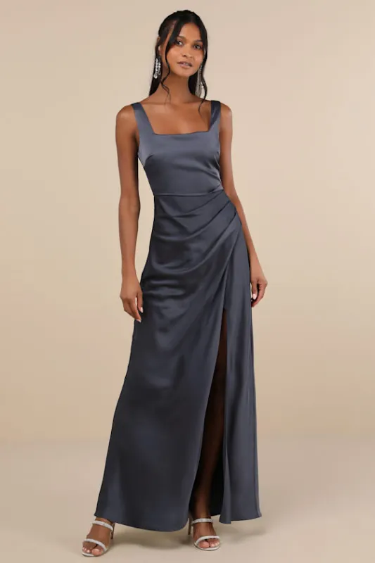 Red Carpet Romance Dark Grey Satin Square Neck Maxi Dress sold by Lulus