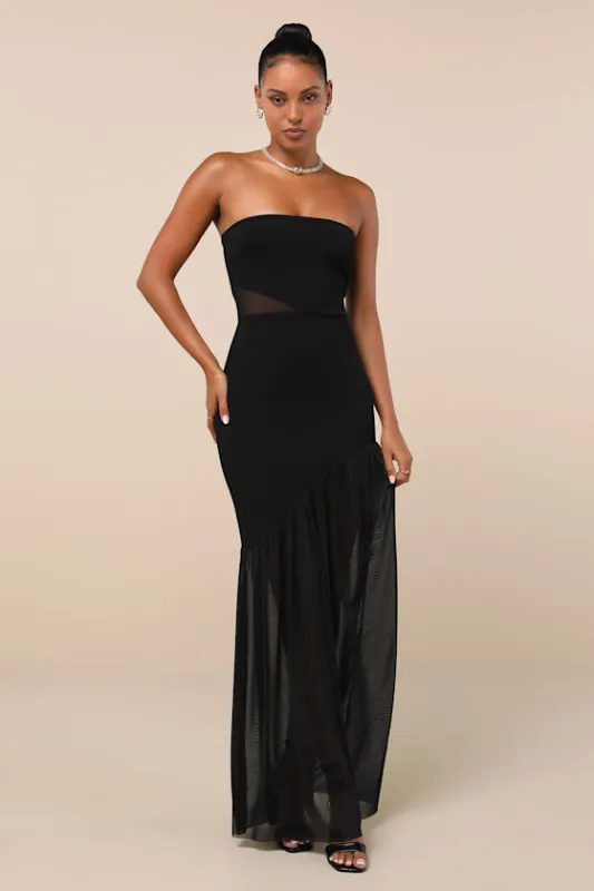Exemplary Sensation Black Strapless Asymmetrical Maxi Dress sold by Lulus