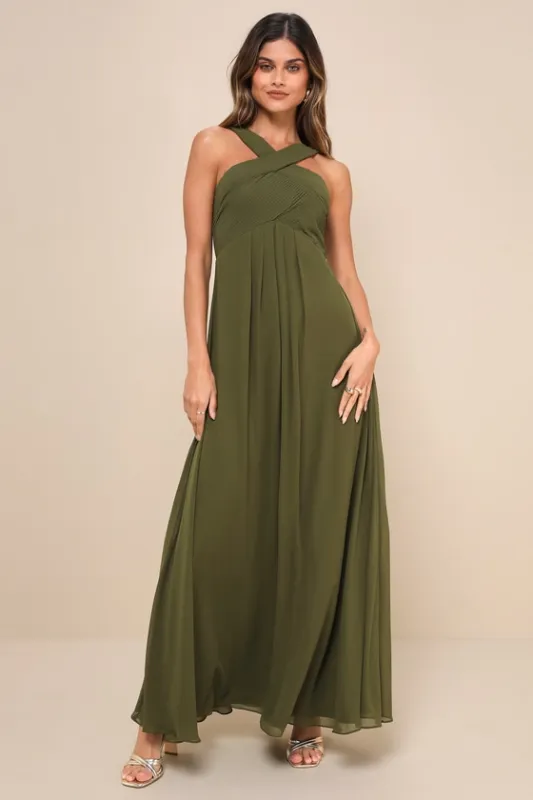 Momentous Elegance Olive Green Pleated Halter Maxi Dress sold by Lulus