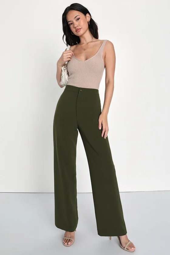 A Power Mood Olive Green High-Waisted Wide-Leg Trouser Pants sold by Lulus