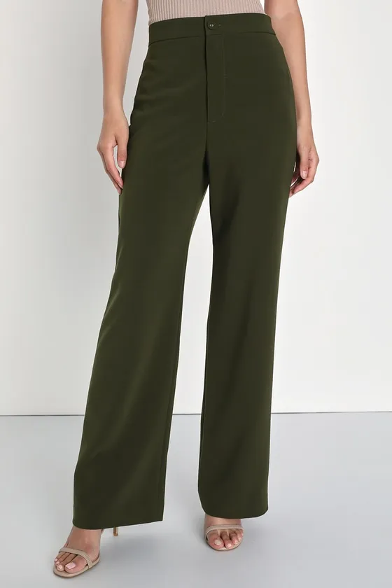 A Power Mood Olive Green High-Waisted Wide-Leg Trouser Pants sold by Lulus product image thumbnail 2