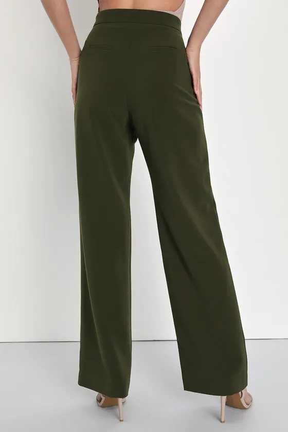 A Power Mood Olive Green High-Waisted Wide-Leg Trouser Pants sold by Lulus product image thumbnail 3