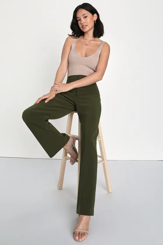 A Power Mood Olive Green High-Waisted Wide-Leg Trouser Pants sold by Lulus product image thumbnail 4