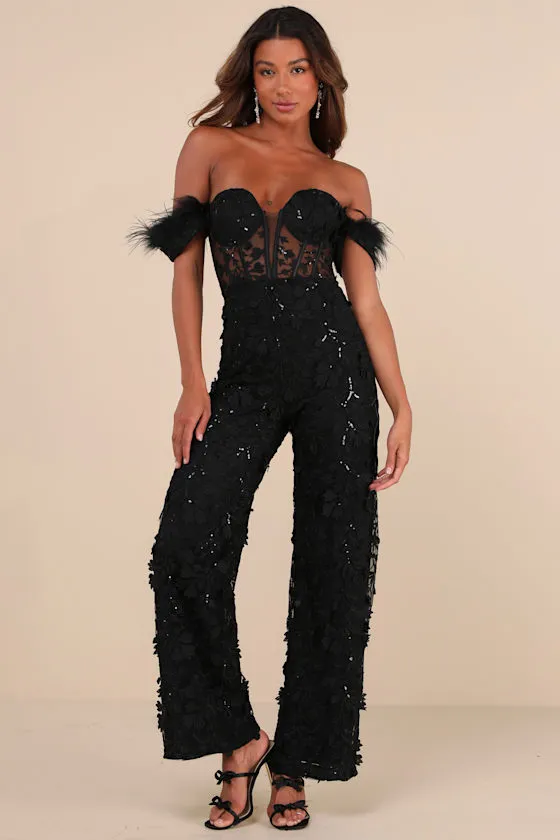 Midnight Sparkle Black Mesh Embroidered Feather Bustier Jumpsuit sold by Lulus