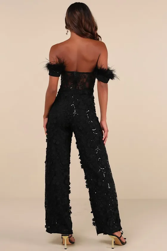 Midnight Sparkle Black Mesh Embroidered Feather Bustier Jumpsuit sold by Lulus product image thumbnail 2