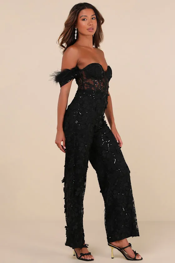 Midnight Sparkle Black Mesh Embroidered Feather Bustier Jumpsuit sold by Lulus product image thumbnail 3