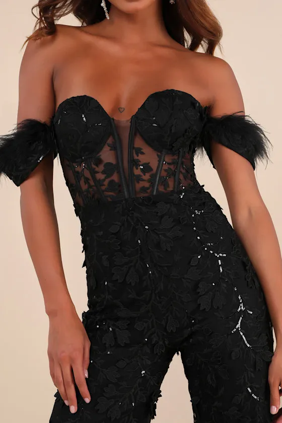Midnight Sparkle Black Mesh Embroidered Feather Bustier Jumpsuit sold by Lulus product image thumbnail 4