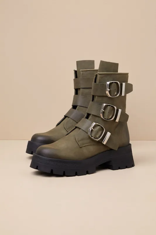 Roland Olive Leather Buckle Moto Ankle Boots sold by Lulus