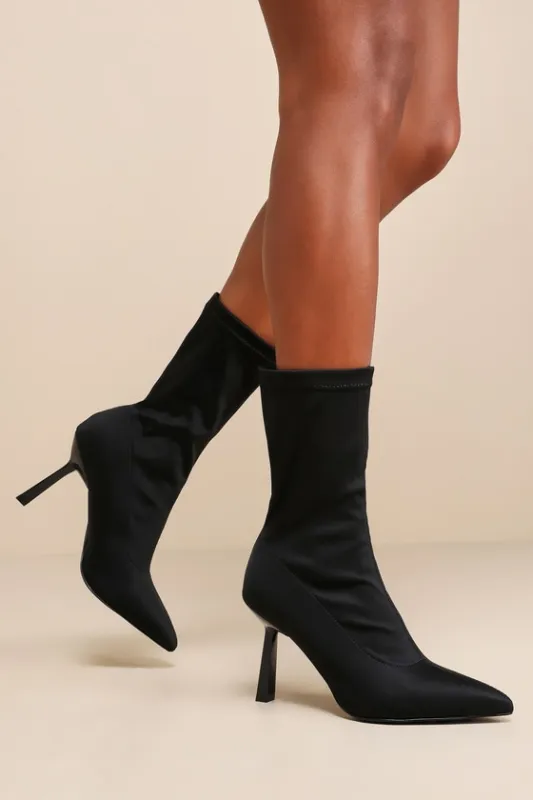 Amsie Black Knit Pointed-Toe Mid-Calf Sock Boots sold by Lulus