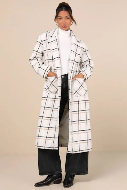 Warm Front Ivory Plaid Coat sold by Lulus