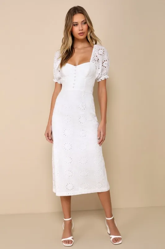 Darling Status White Eyelet Puff Sleeve Bustier Midi Dress sold by Lulus