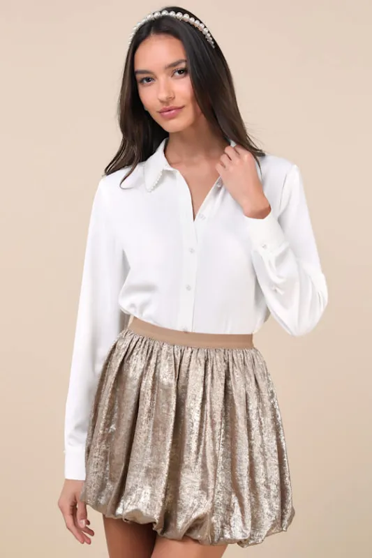 Envied Appeal Shiny Gold Bubble-Hem Mini Skirt sold by Lulus