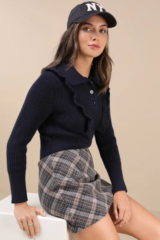 Incredibly Cozy Navy Ruffled Collared Pullover Sweater sold by Lulus