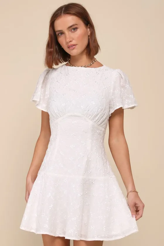 Memorably Angelic Ivory Embroidered Flutter Sleeve Mini Dress sold by Lulus