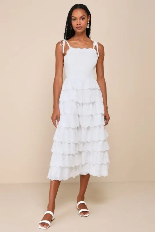 Endlessly Ideal White Eyelet Embroidered Tiered Midi Dress sold by Lulus