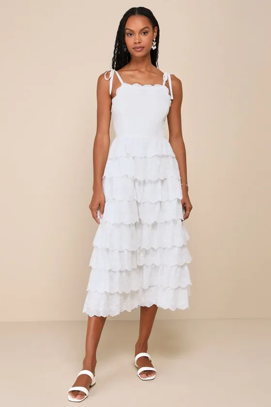 Endlessly Ideal White Eyelet Embroidered Tiered Midi Dress sold by Lulus