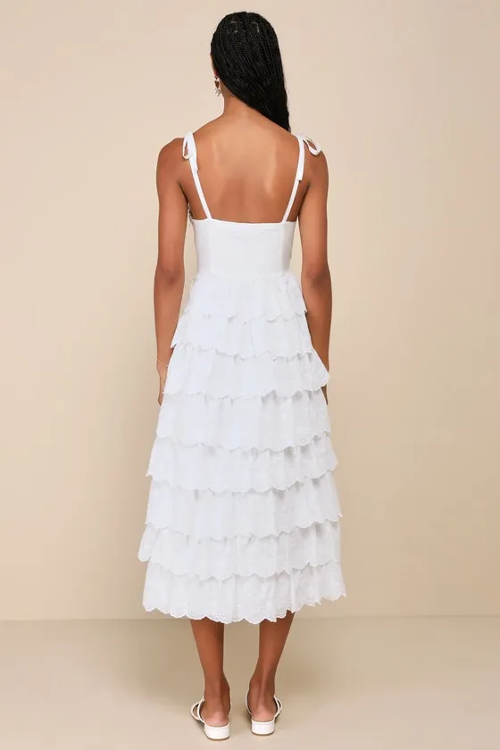 Endlessly Ideal White Eyelet Embroidered Tiered Midi Dress sold by Lulus product image thumbnail 3
