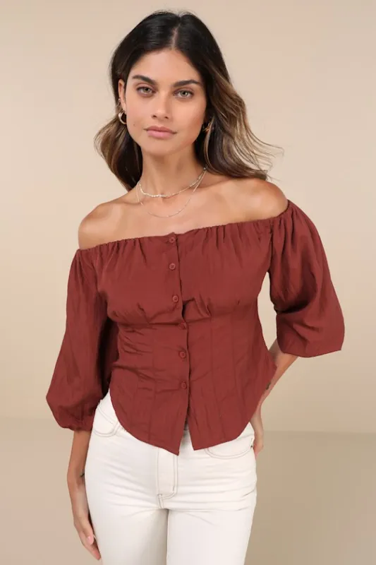 Delighted Approach Rust Brown Puff Sleeve Off-the-Shoulder Top made by Lulus