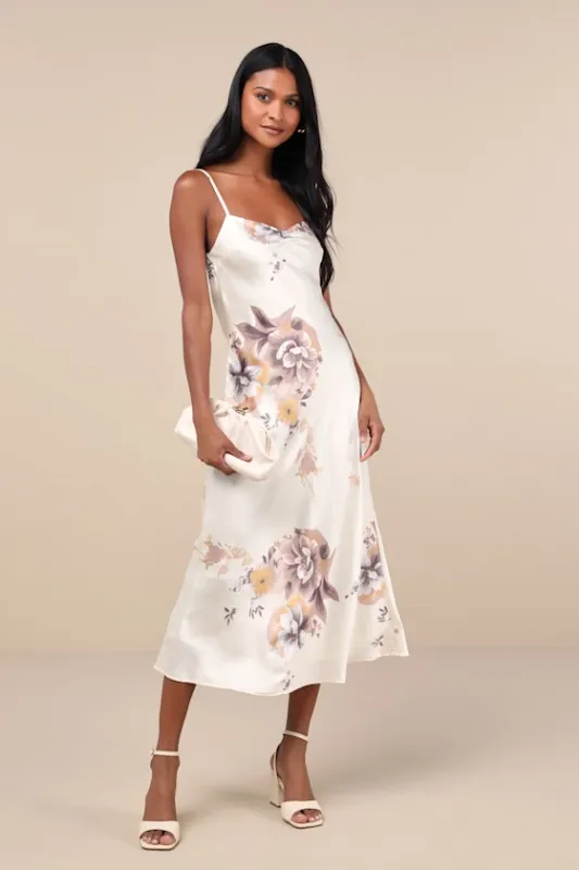Certified Stunning Beige Satin Floral Lace-Up Midi Dress sold by Lulus