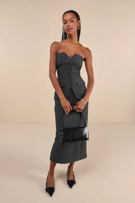 Composed Style Grey Pinstriped Strapless Vest Midi Dress made by Moon River