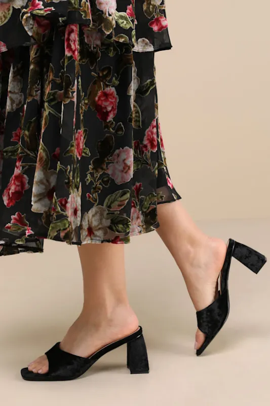 Maleka Black Crushed Velvet High Heel Slide Sandals sold by Lulus