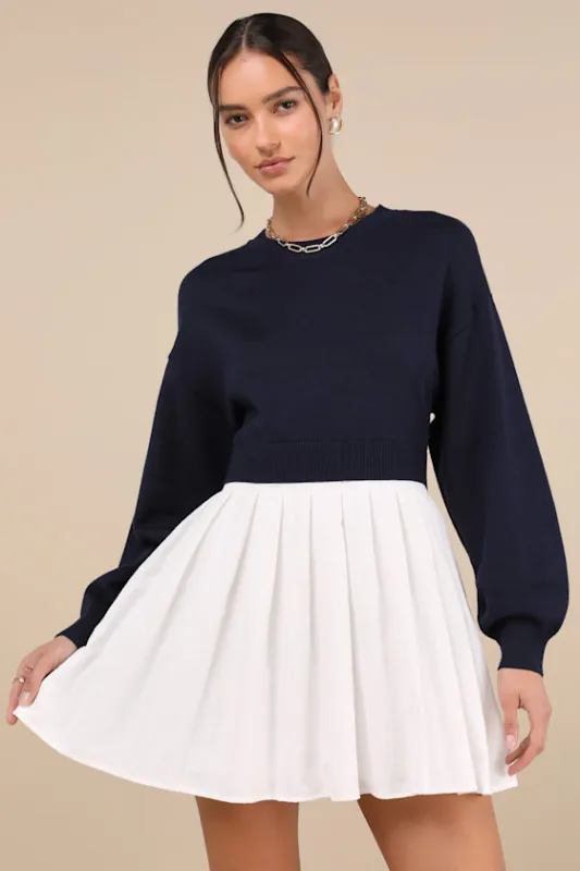 Contemporary Comfort Navy Layered Pleated Sweater Mini Dress sold by Lulus