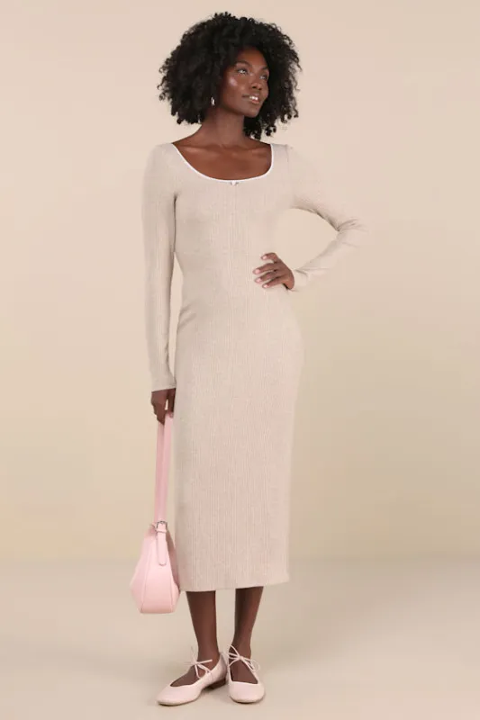 Certainly Darling Heather Beige Ribbed Long Sleeve Midi Dress sold by Lulus