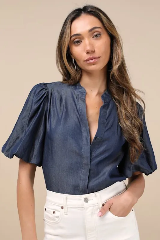 Contemporary Crush Dark Blue Chambray Puff Sleeve Button-Up Top sold by Lulus