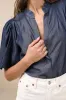 Contemporary Crush Dark Blue Chambray Puff Sleeve Button-Up Top sold by Lulus