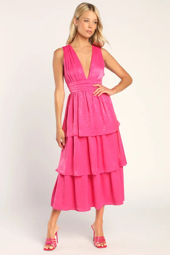 Peak Party Vibe Hot Pink Satin Tiered Tie-Back Midi Dress sold by Lulus